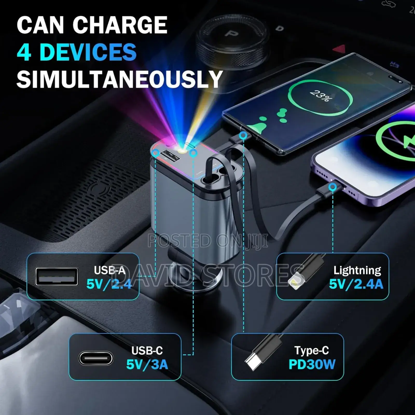 Starry Sky 4-in-1 Fast Car Charger – Usb, Type-C iPhone Ports