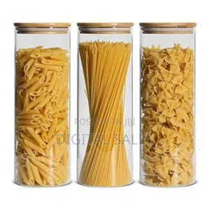 Premium Clear Glass Food Storage Canisters With Airtight Bamboo Lids.