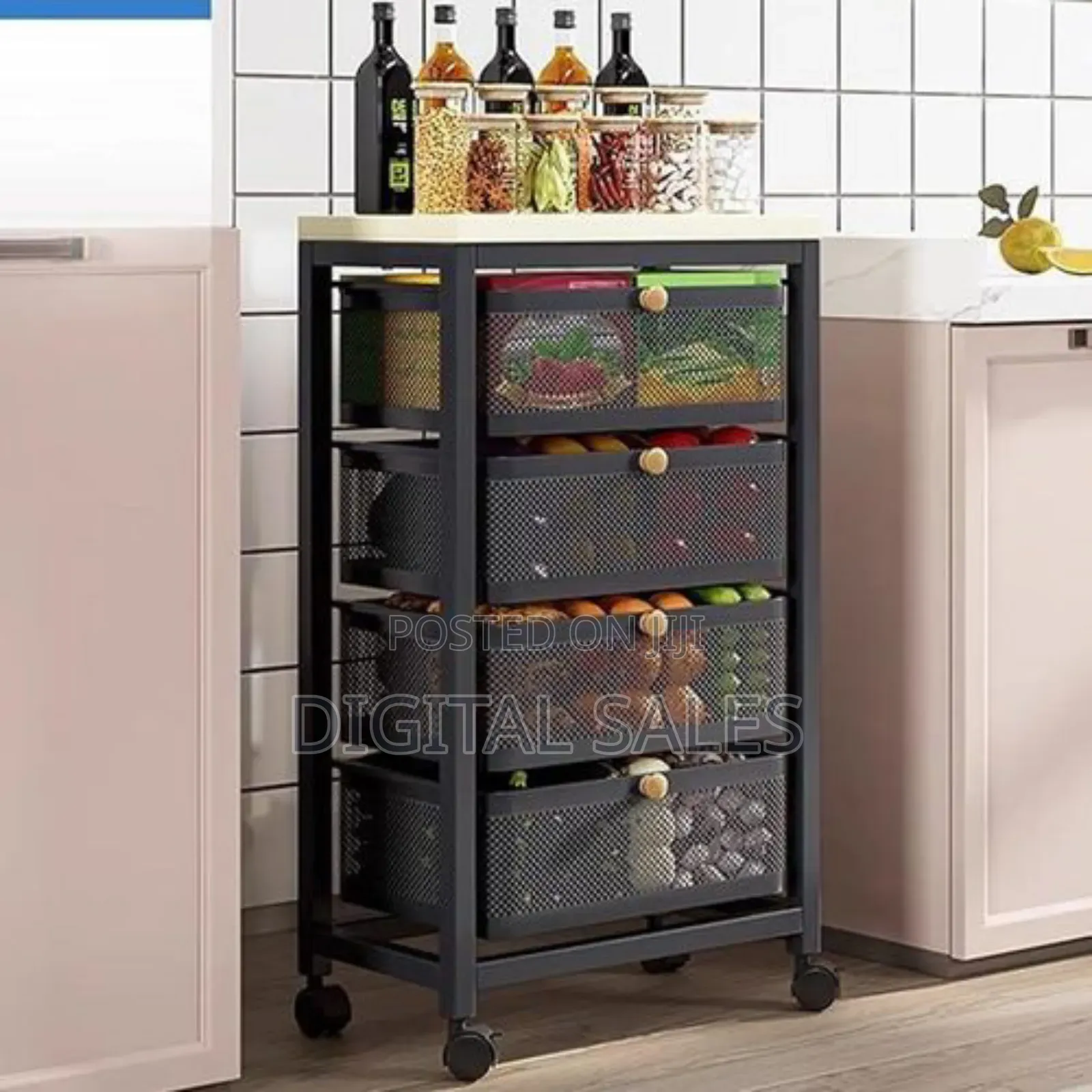 Stylish Functional 5-drawer Rolling Mesh Storage Cart With Wooden