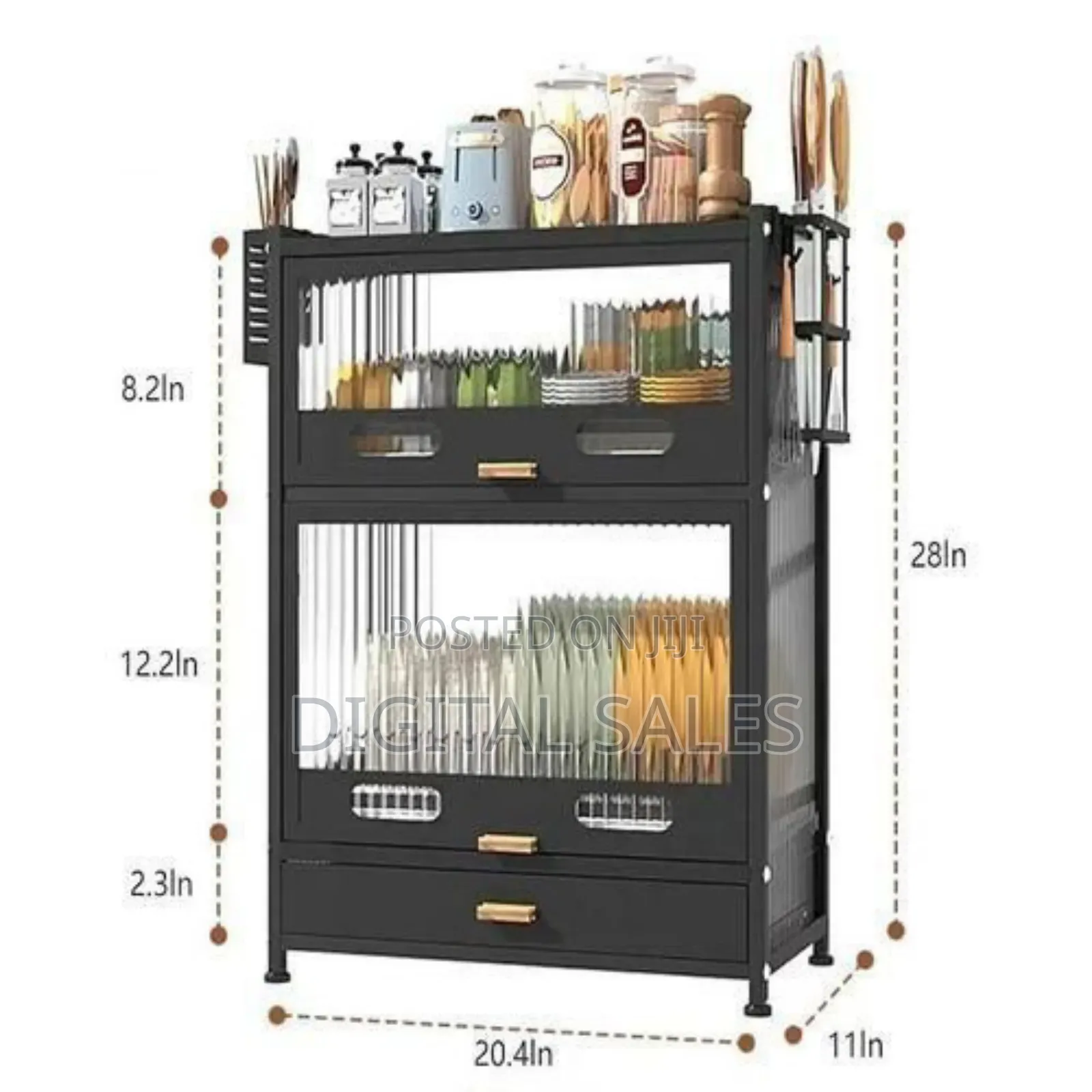 Modern Black Kitchen Storage Cabinet With Fluted Glass Doors