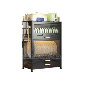 Modern Black Kitchen Storage Cabinet With Fluted Glass Doors