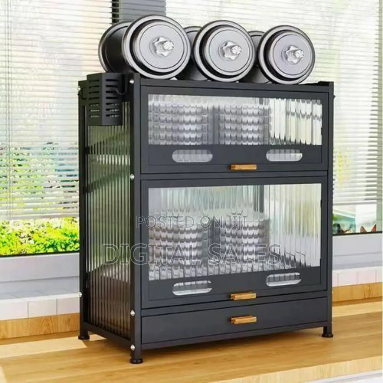 Modern Black Kitchen Storage Cabinet With Fluted Glass Doors