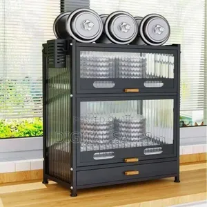 Modern Black Kitchen Storage Cabinet With Fluted Glass Doors