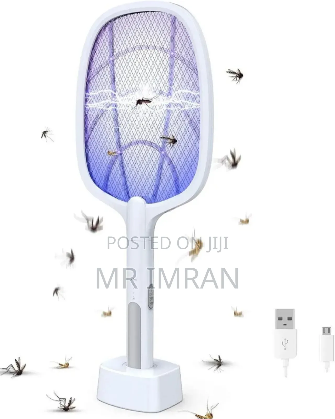 Electric Bug Zapper Racket With a Charging Base.