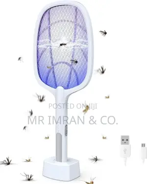 Electric Bug Zapper Racket With a Charging Base.
