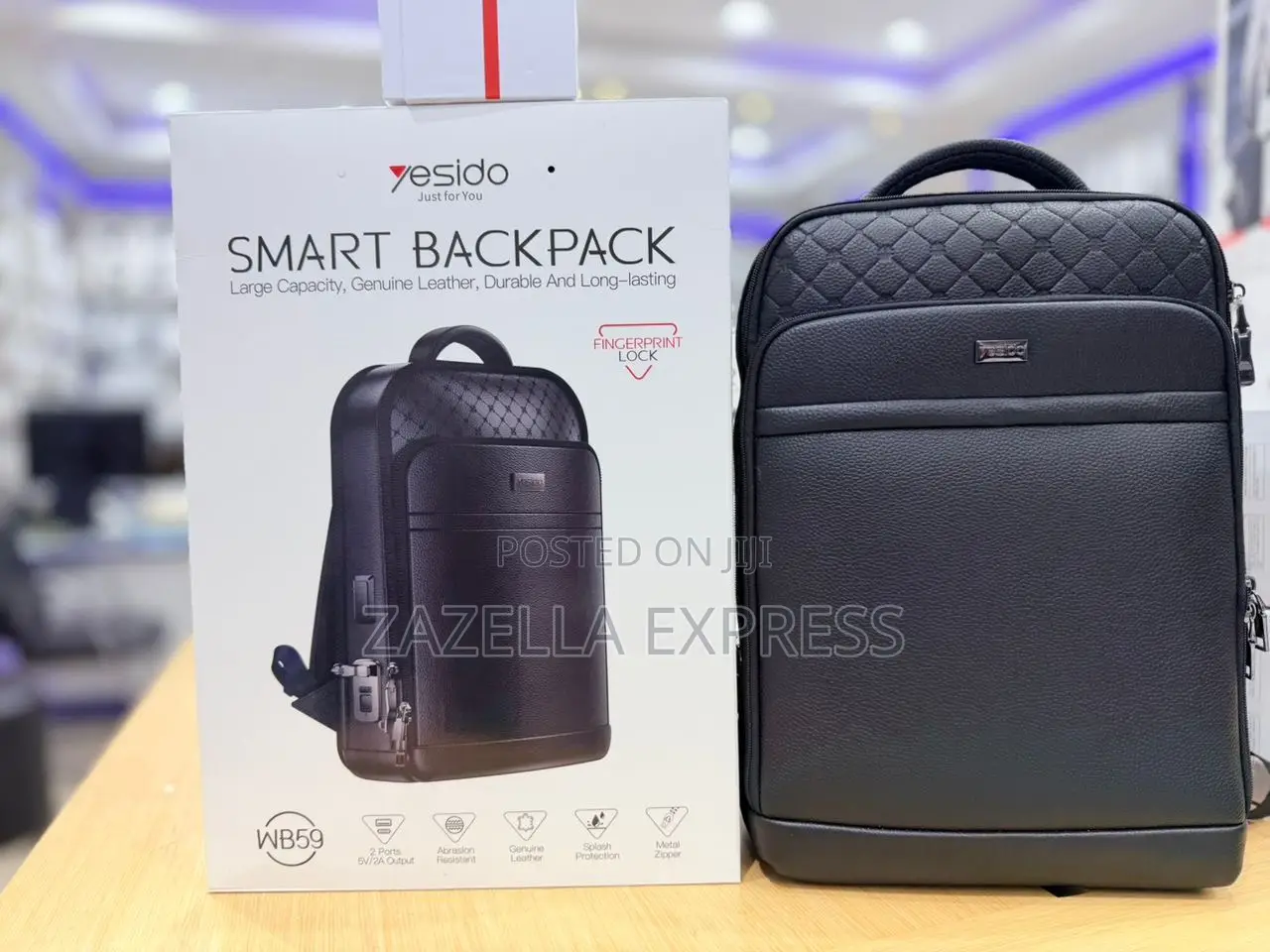 Yesido Genuine Leather Smart Backpack With Fingerprint Lock