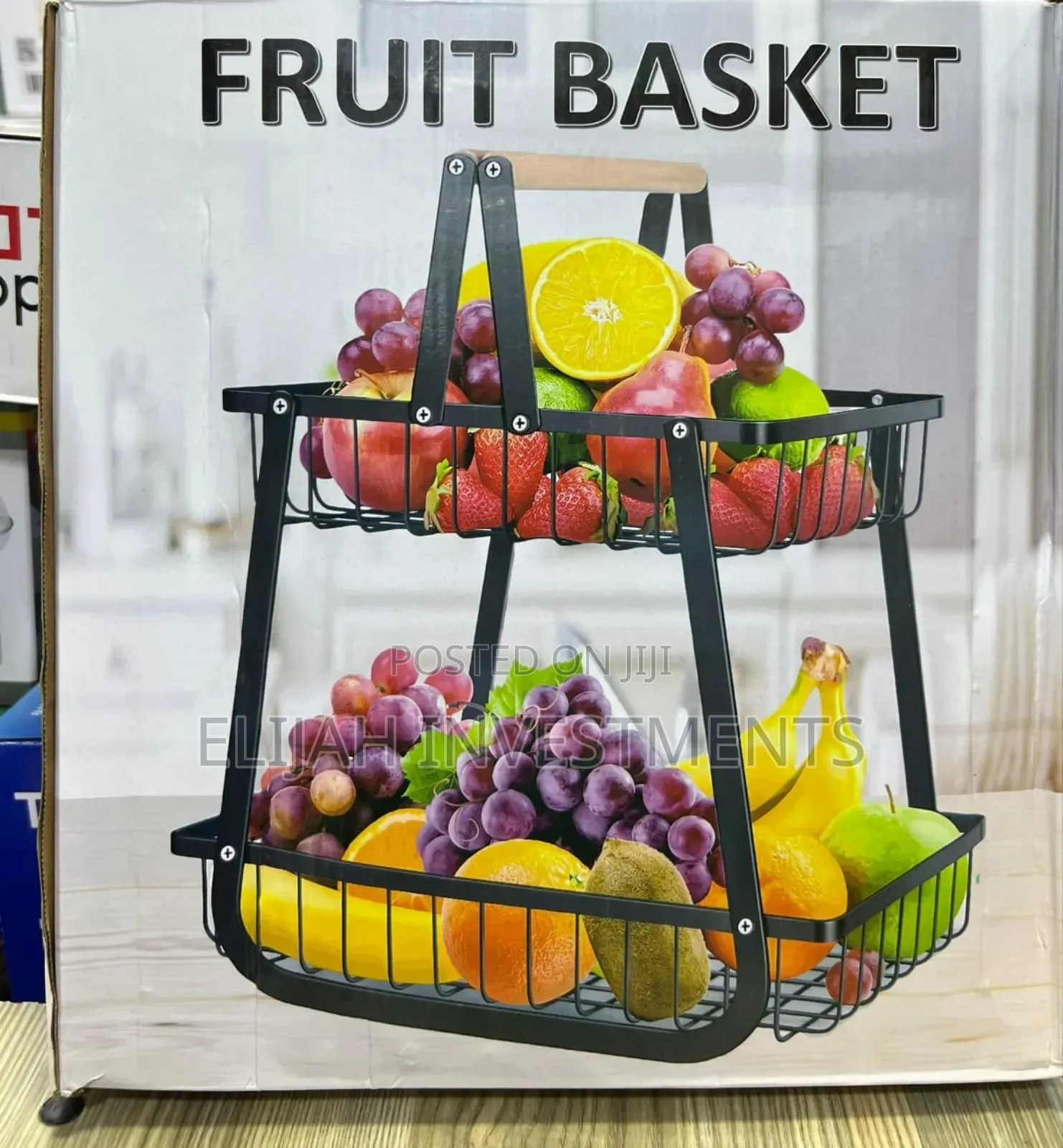 Black Metal 2-Tier Fruit Basket Stand