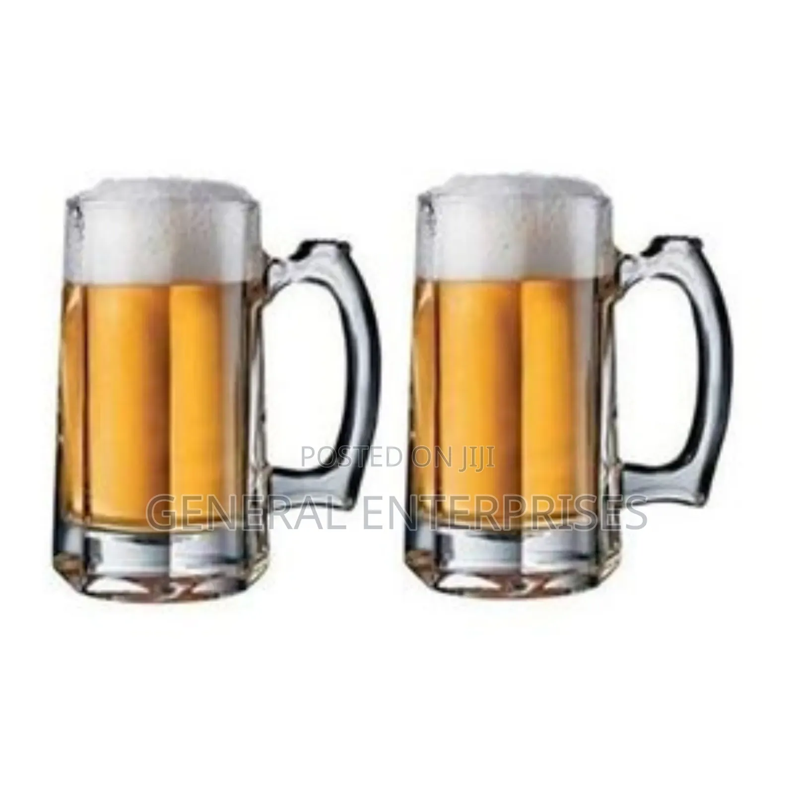 Set of Two Heavy Glass Beer Mugs or Steins With Handles.