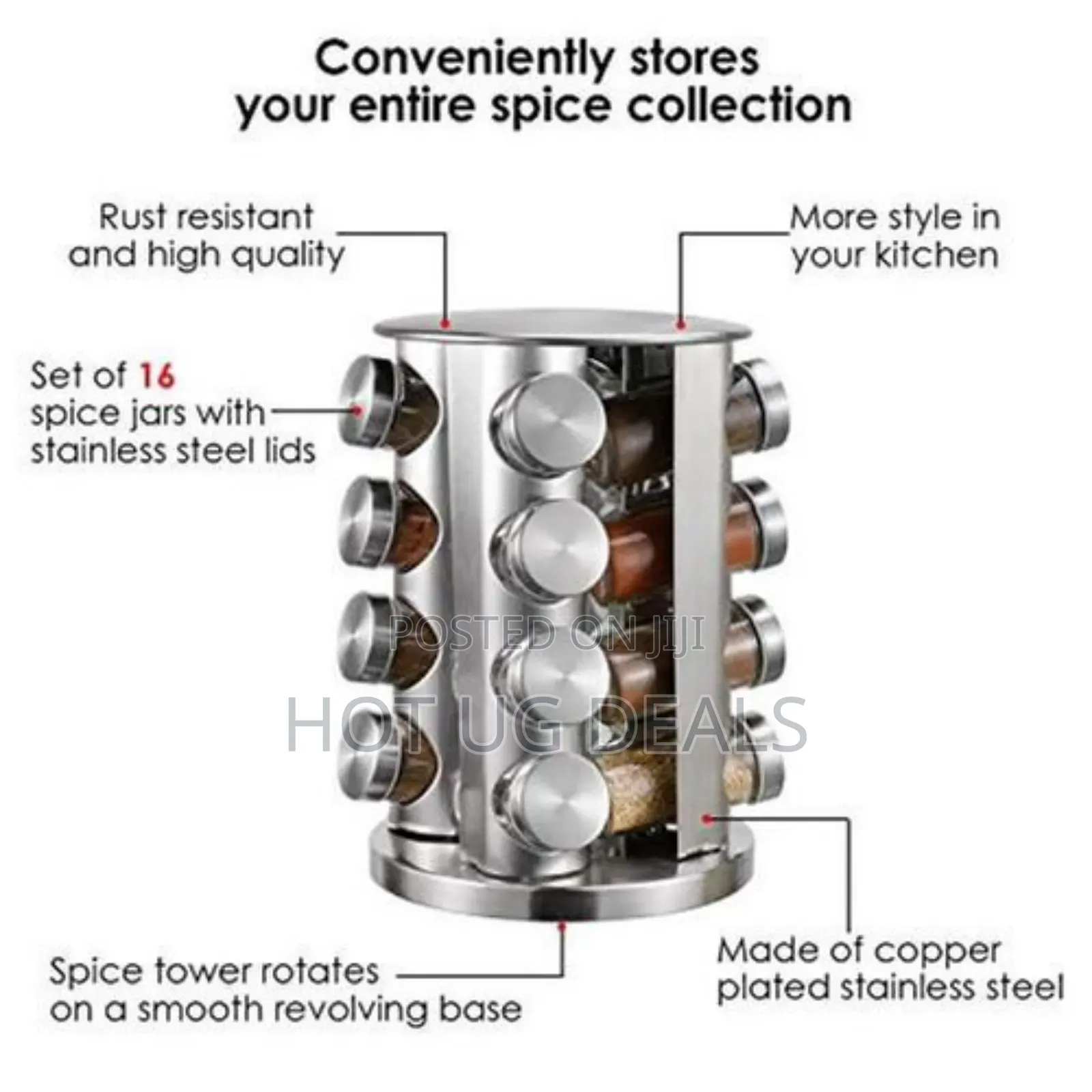 Kitchen Spice Rack With 16 Set Of Spice Jars, Round Stainless Steel