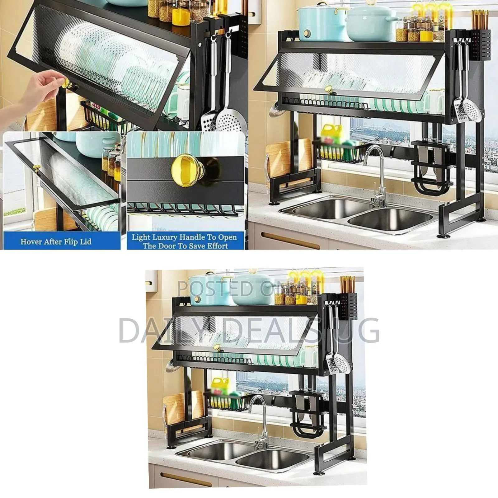 Sink Top Dish Rack With Lid to Keep Utensils Free From Dust-Black