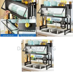Sink Top Dish Rack With Lid to Keep Utensils Free From Dust-Black