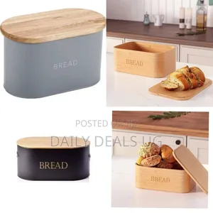 Modern Metal Bread Box With Natural Wooden Lid - Multicolor