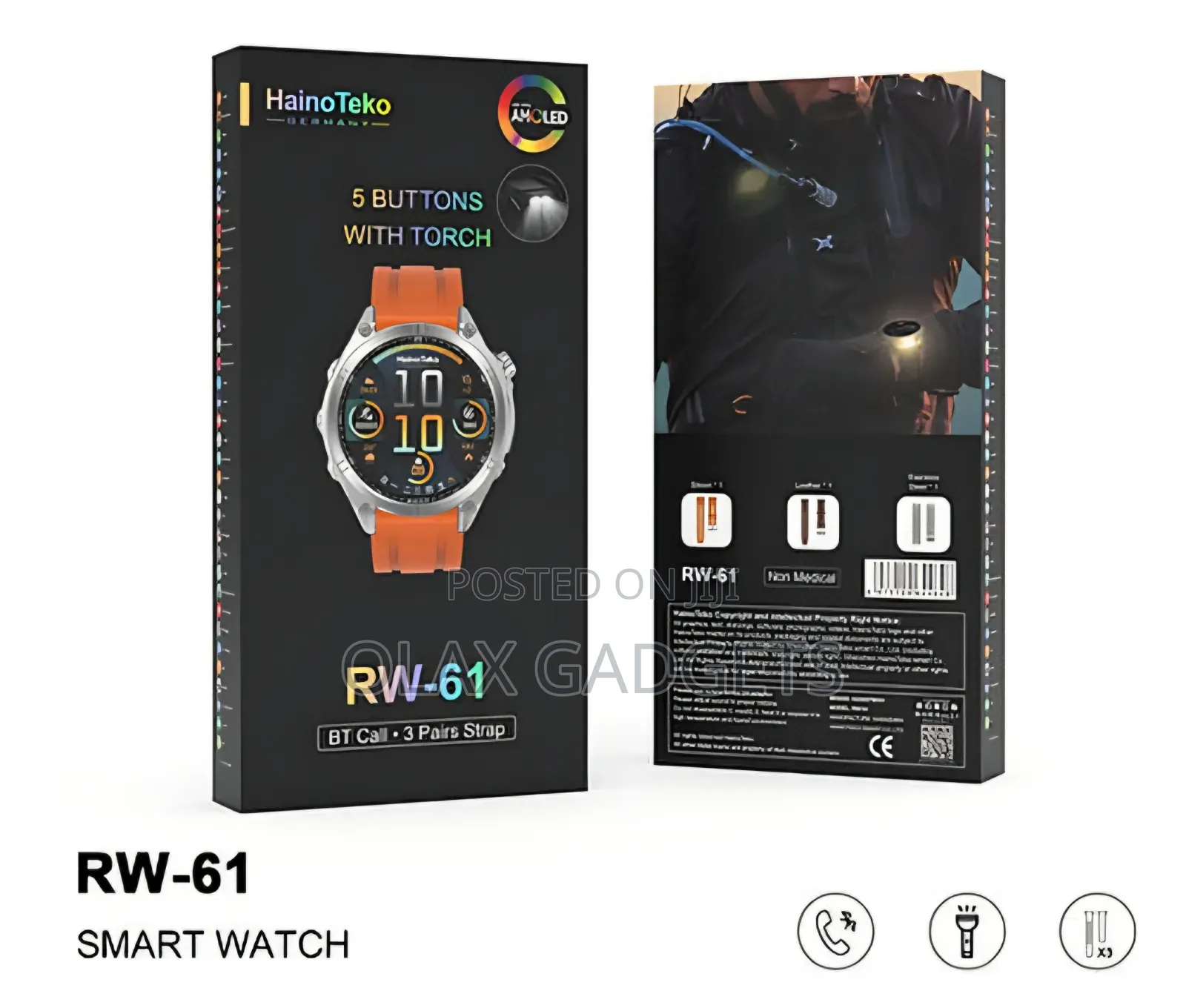 Hainoteko Rw-61 Smartwatch Amoled Display Built-in Torch, 3 Straps