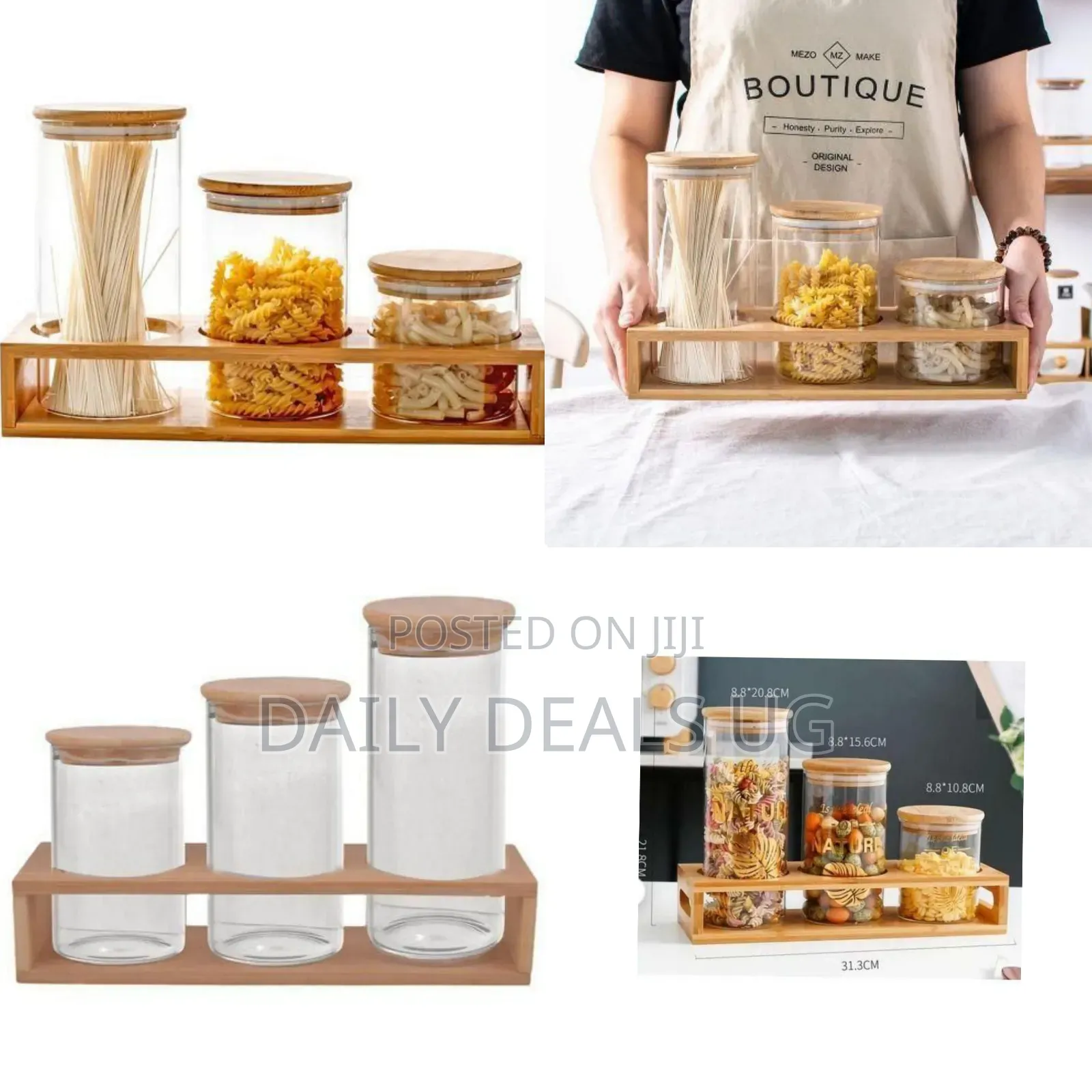 Cylindrical Glass Canister Set With Wooden Lids and Display Rack-Clear