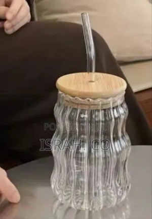 Wave Ripple Glass Drinking Tumbler With Wooden Lid and Glass Straw