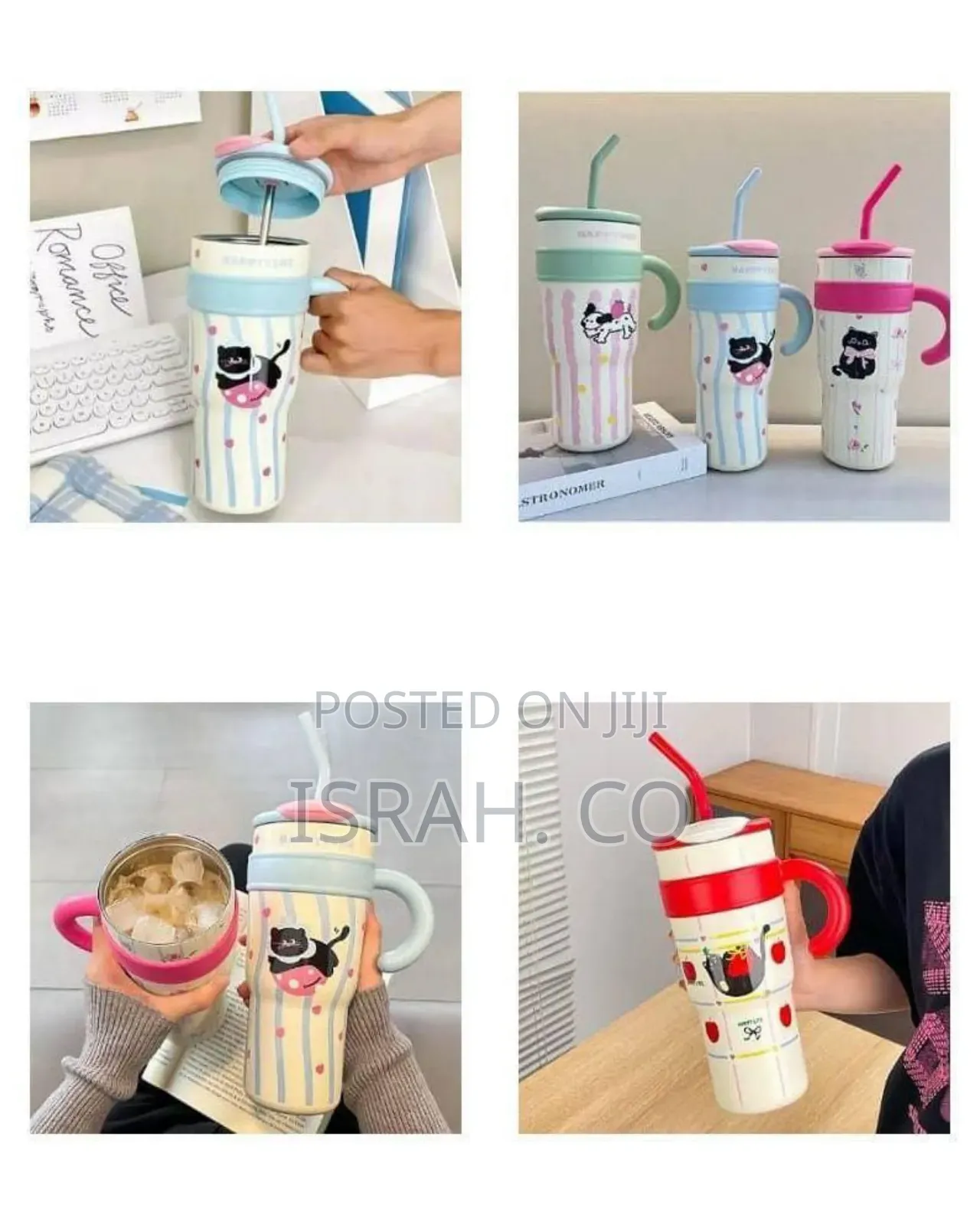 Insulated Travel Tumbler With Straw and Cute Cat Desig