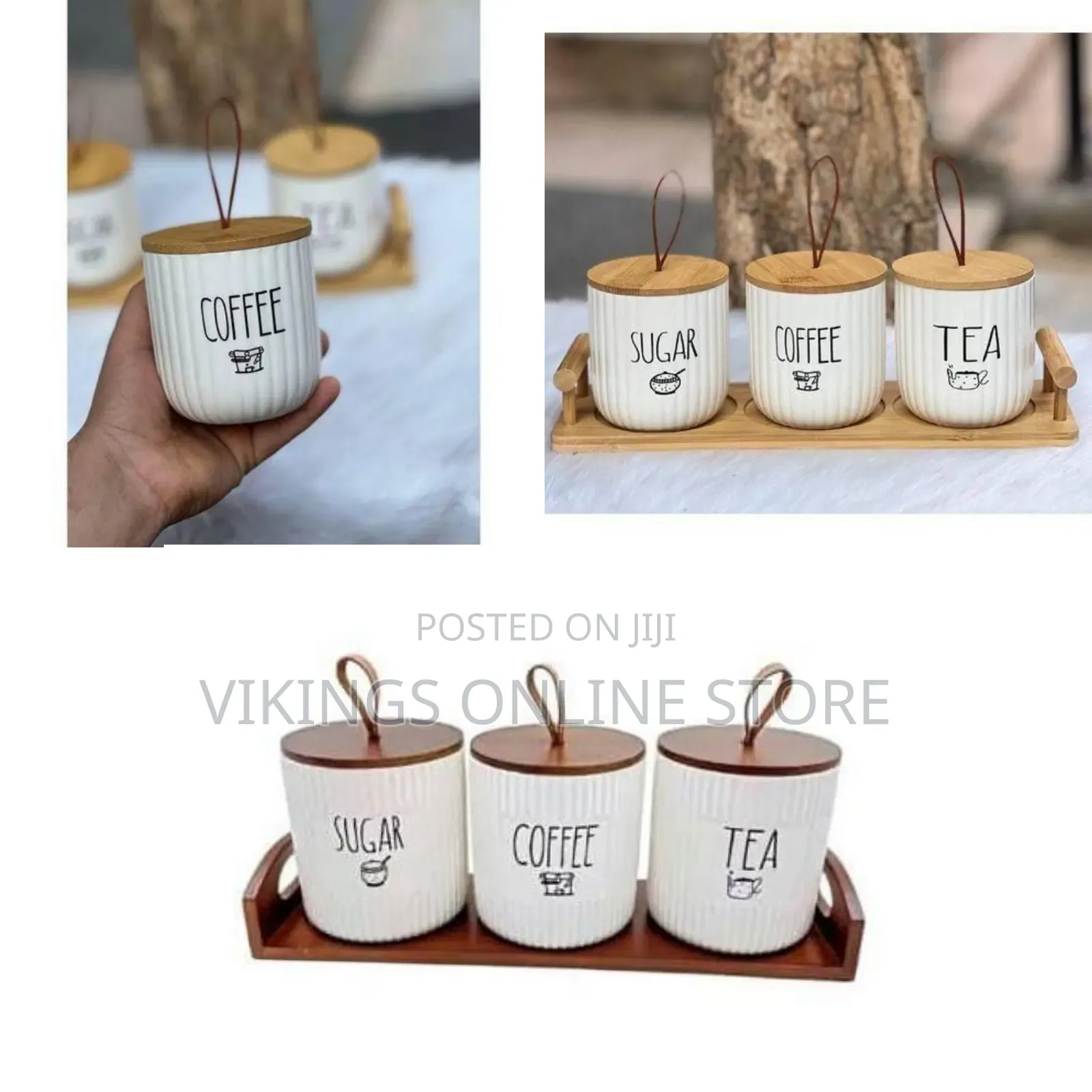 Ceramic Sugar, Coffee, and Tea Canister Set With Wooden Tray and Lids