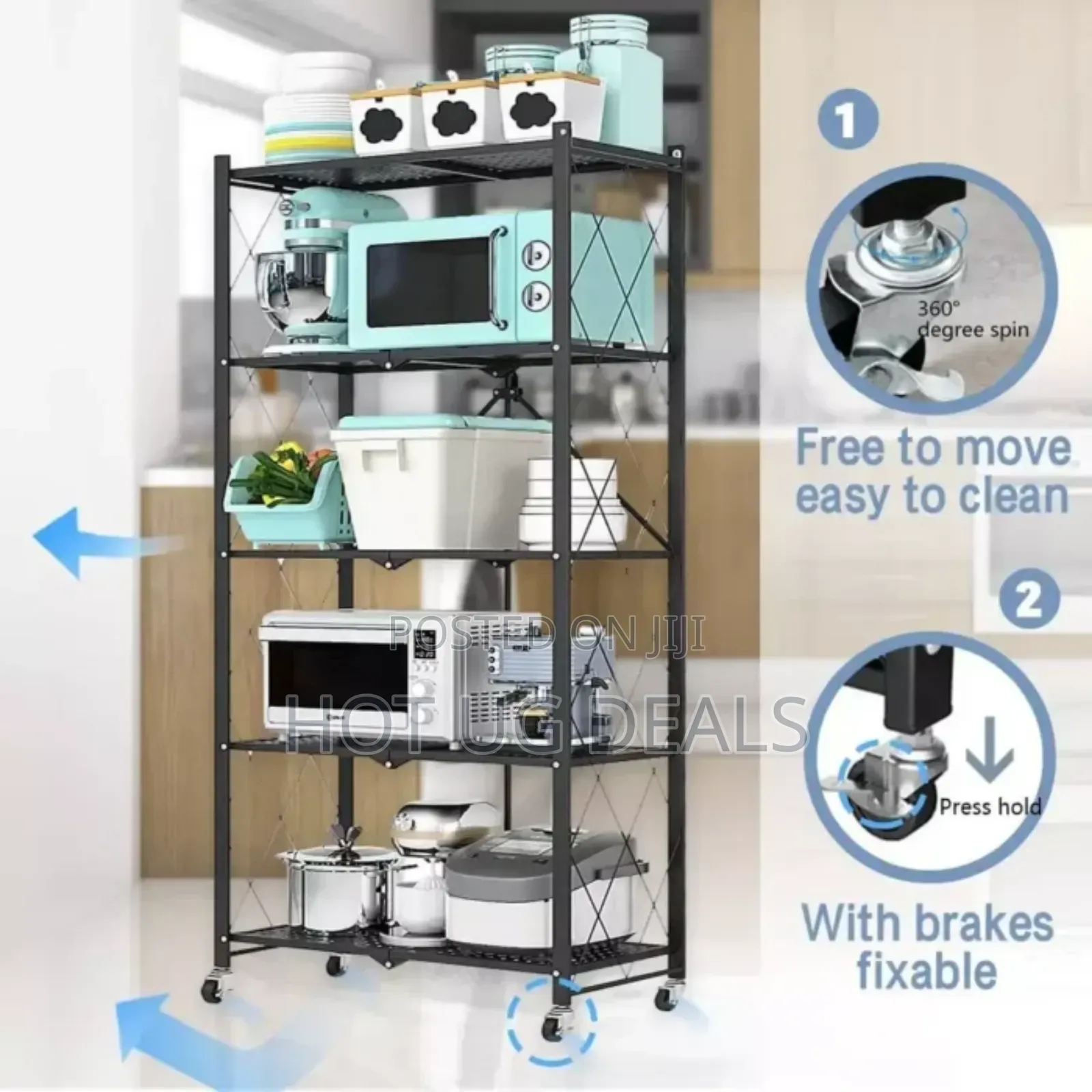5 Layers Foldable Strong And Moveable Storage Kitchen Rack - Black