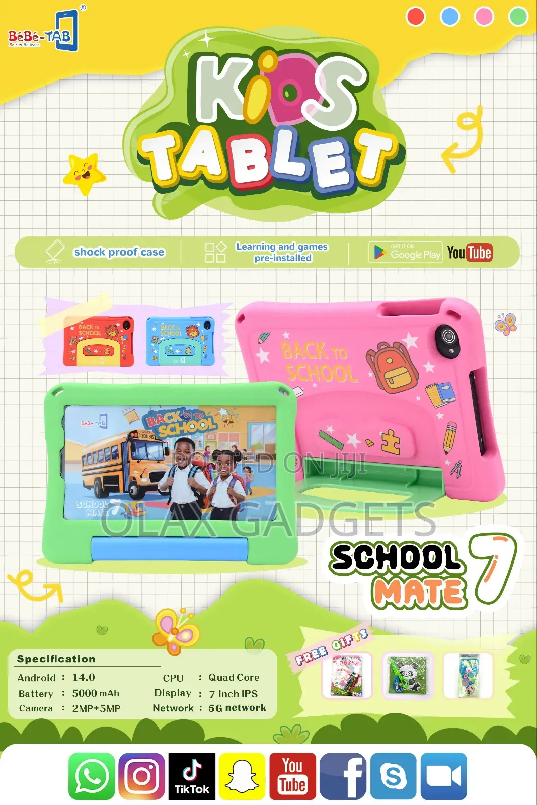 Bebe Tab School Mate 7, Android 7 Inch Kids Tablet With Simcard Slot