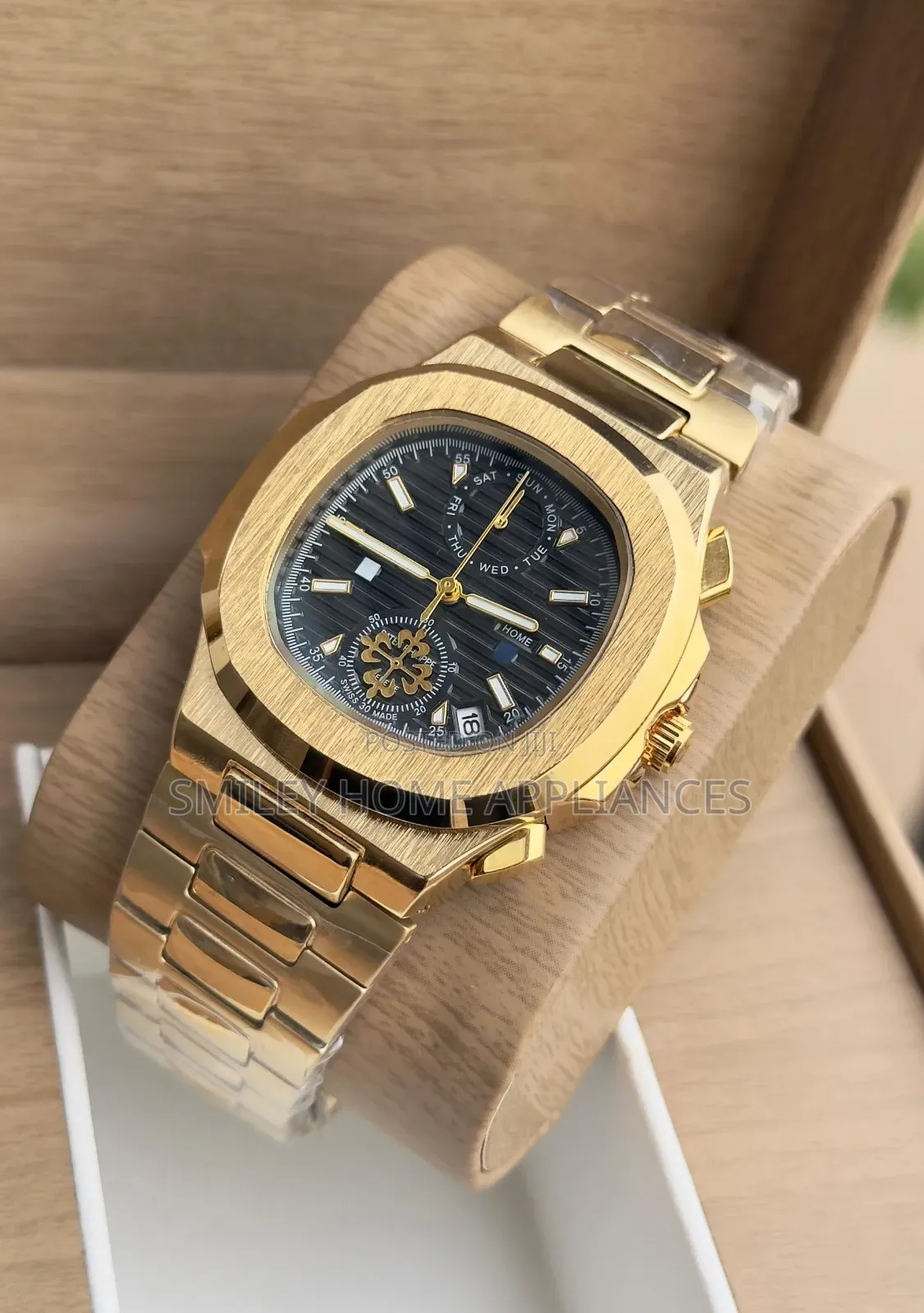 Patek Philippe Geneva Men's Analog Golden Strapped Black Face Watch