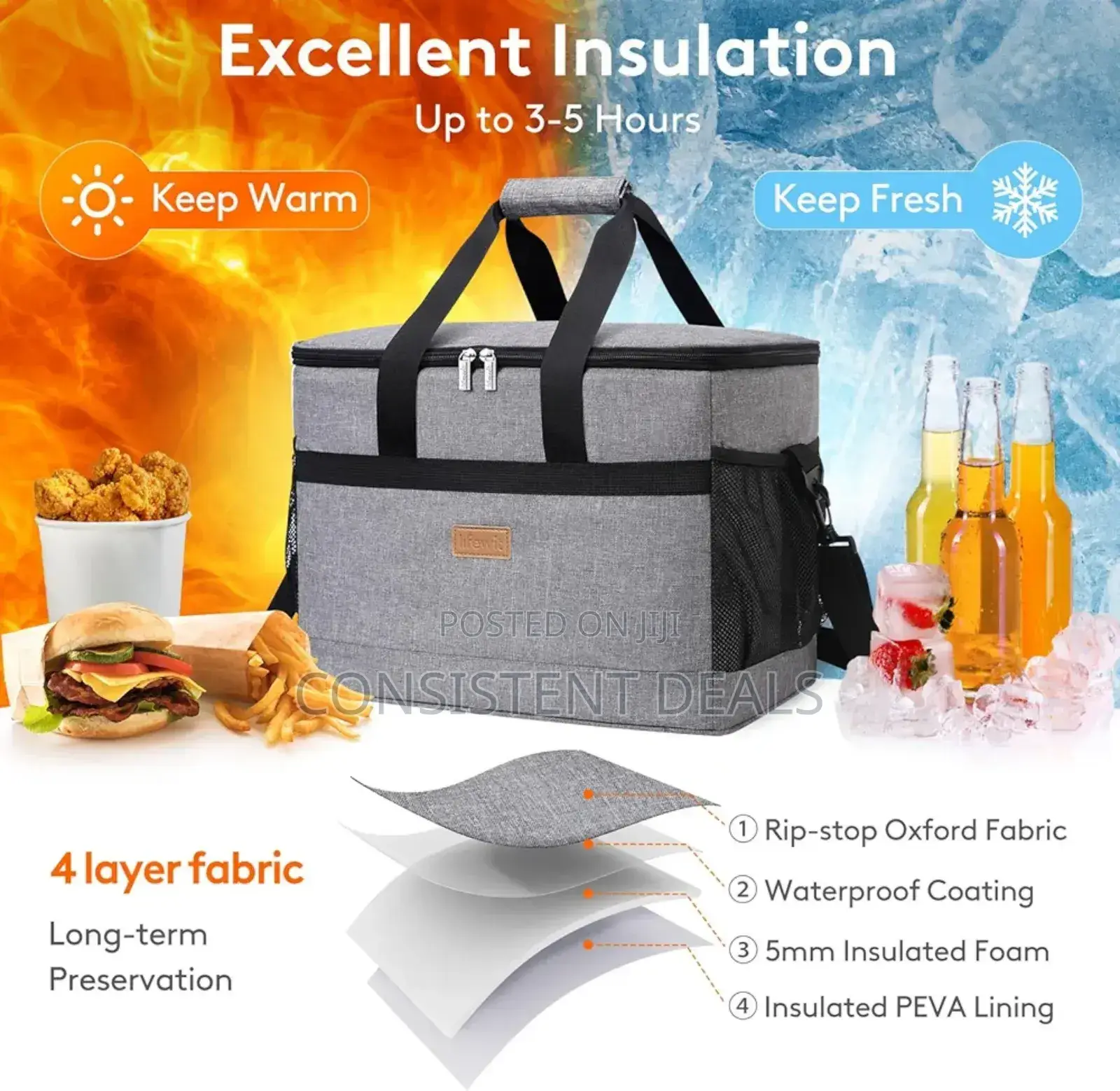 Soft Cooler Bag With Hard Liner, Large Insulated Picnic Lunch Bag