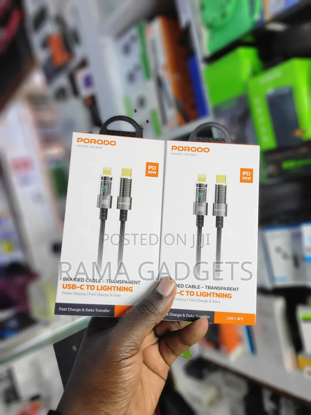 Porodo Usb-C to Lightning Braided Cable With a Power Display.
