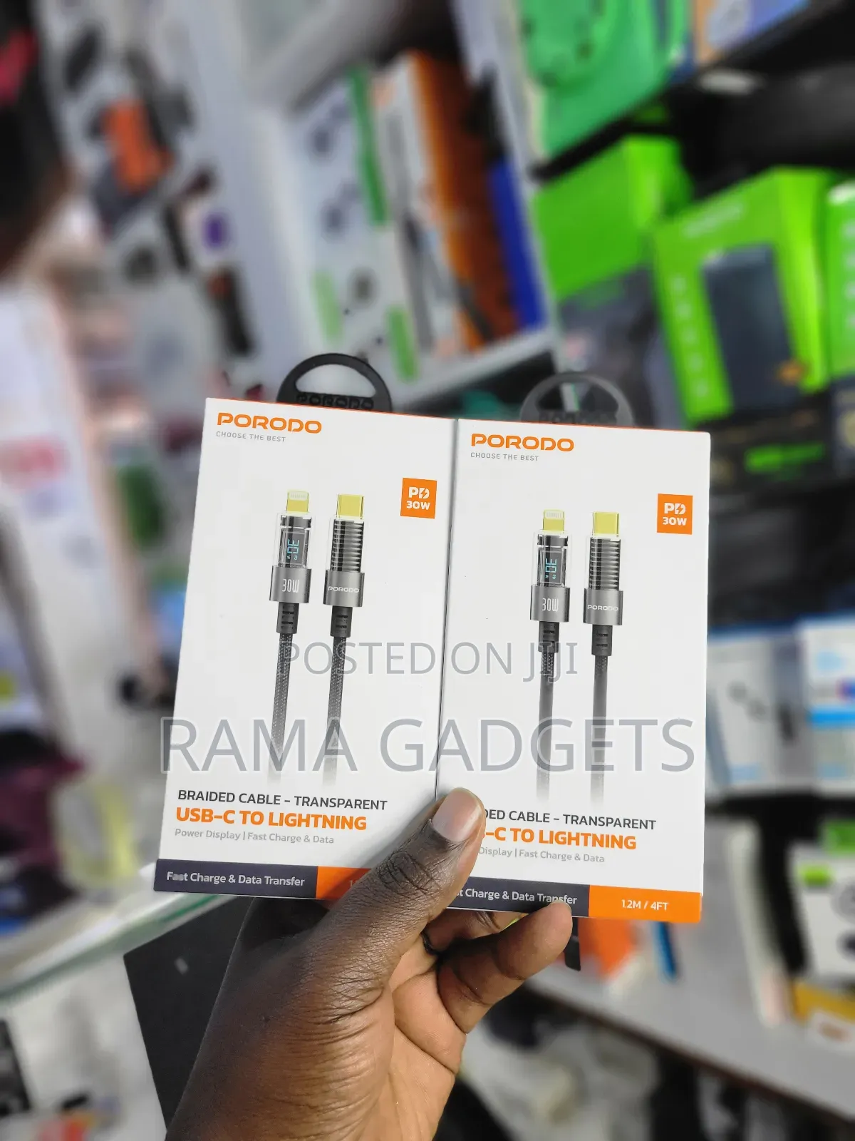 Porodo Usb-C to Lightning Braided Cable With a Power Display.