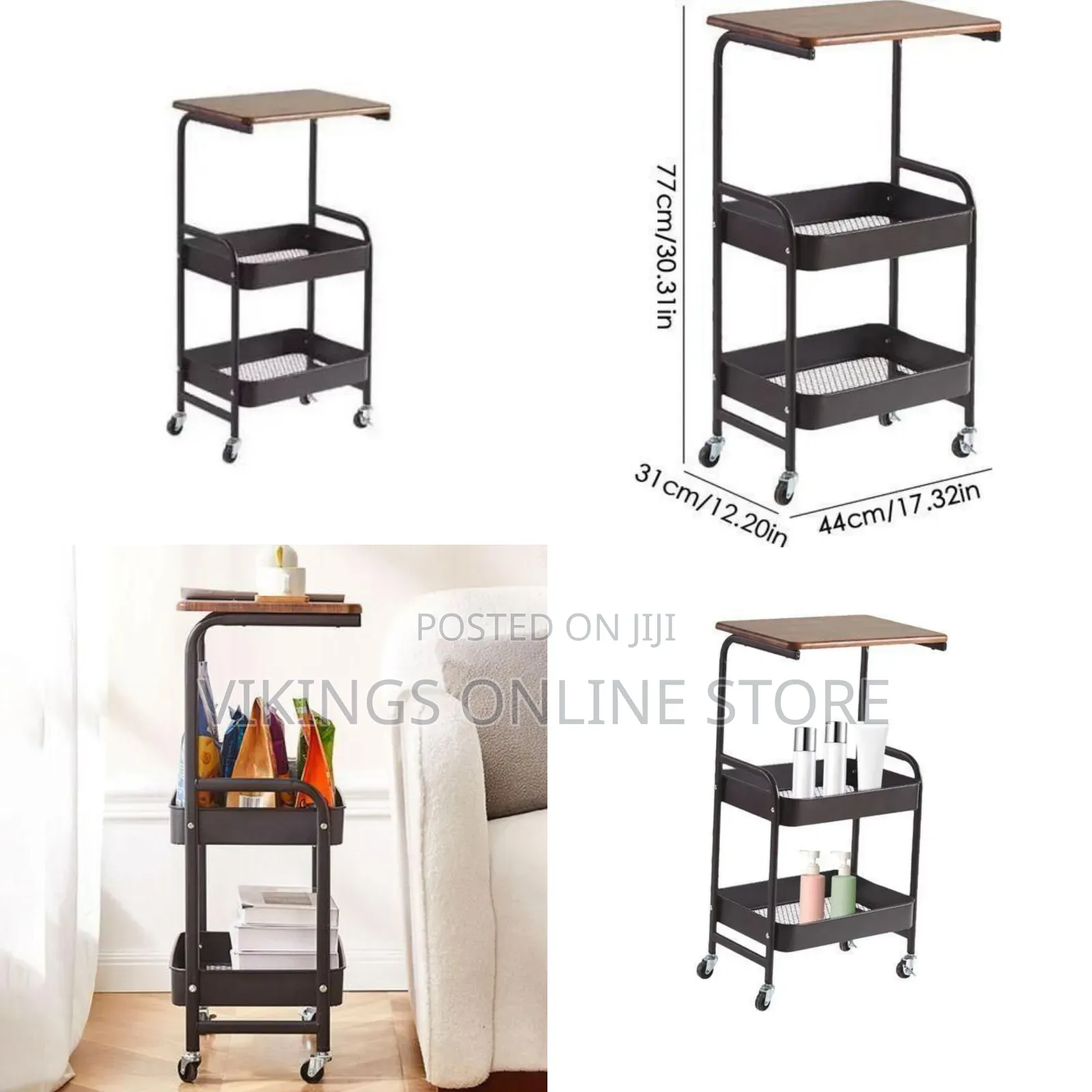 2-Tier Rolling Utility Cart With Wood Tabletop - Multicolor