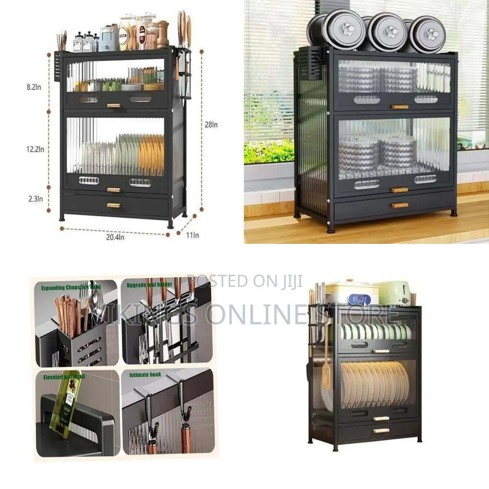 Modern Black Kitchen Storage Cabinet With Fluted Glass Doors and Pot