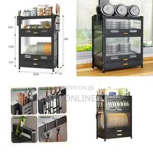 Modern Black Kitchen Storage Cabinet With Fluted Glass Doors and Pot