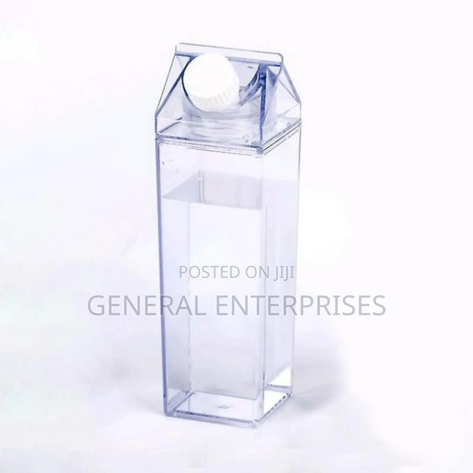 Clear, Milk Carton-Shaped Water Bottle Typically Made of Plastic.