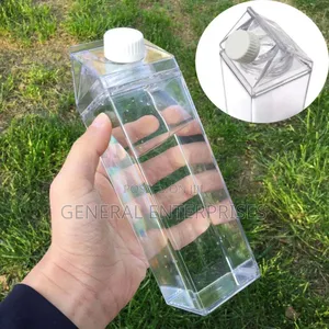 Clear, Milk Carton-Shaped Water Bottle Typically Made of Plastic.