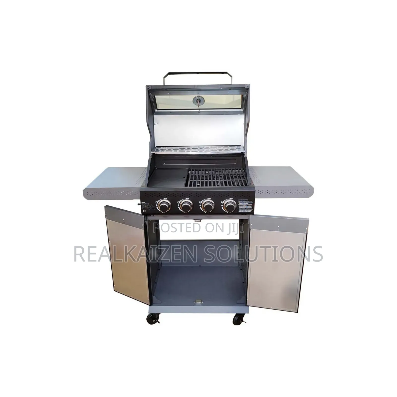 4-Burner Outdoor Gas BBQ Grill With Thermometer| Side Shelves| Cabinet