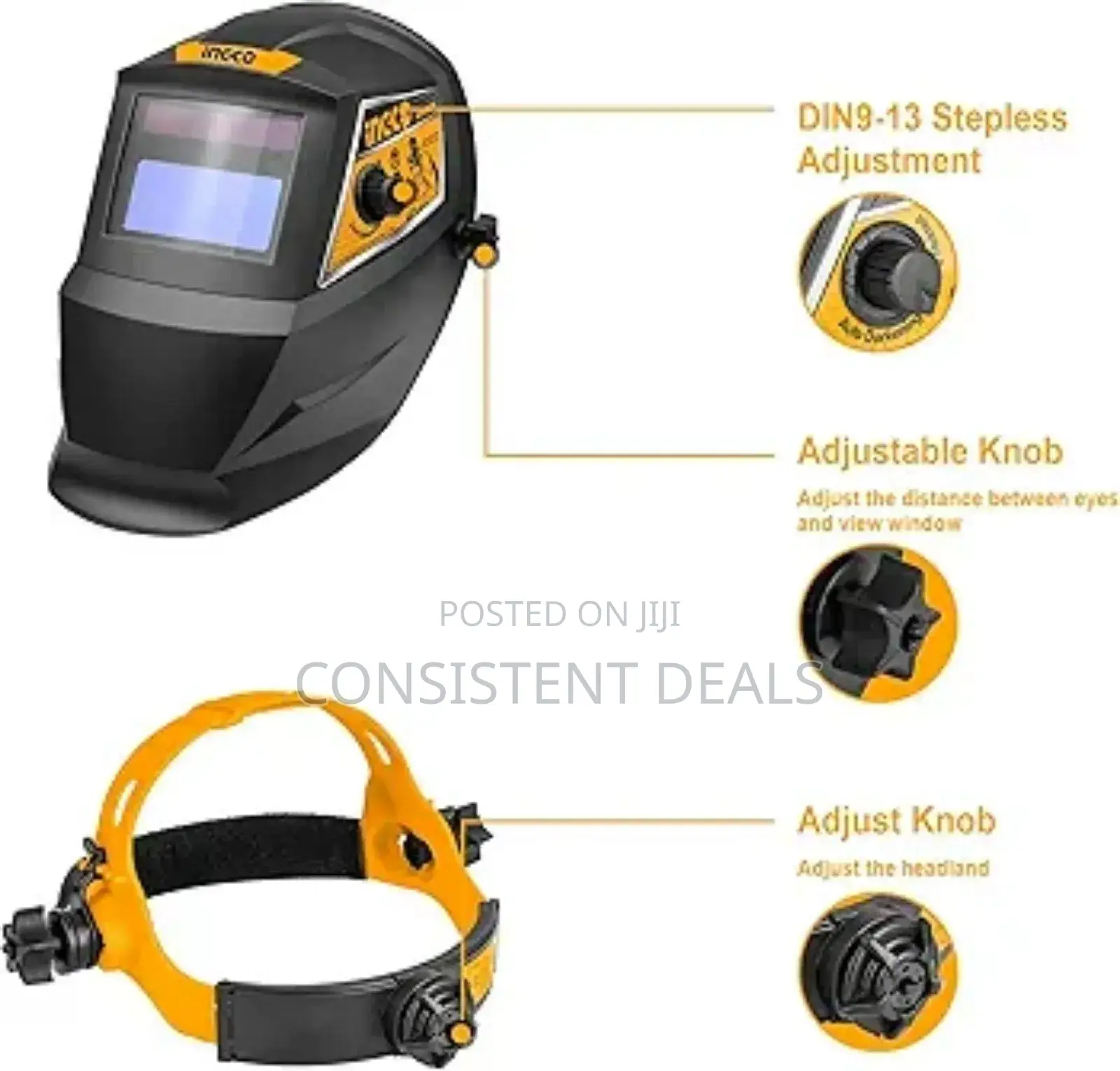 Ingco Auto-darkening Welding Helmet 92×42mm Large Viewing Welding Hood