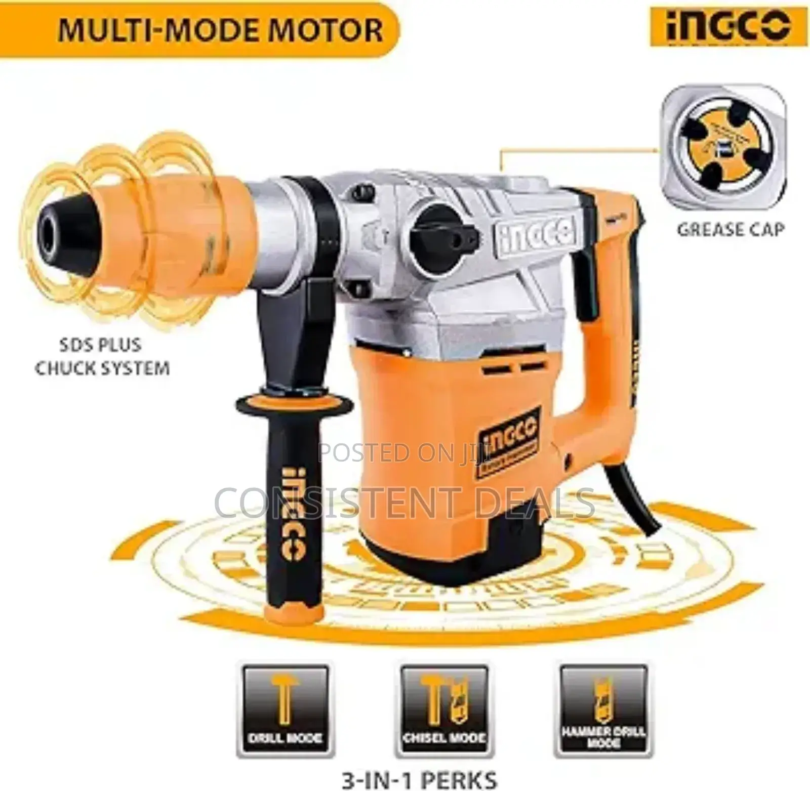Ingco Rotary Hammer 1800w, 550rpm & Anti-vibration System