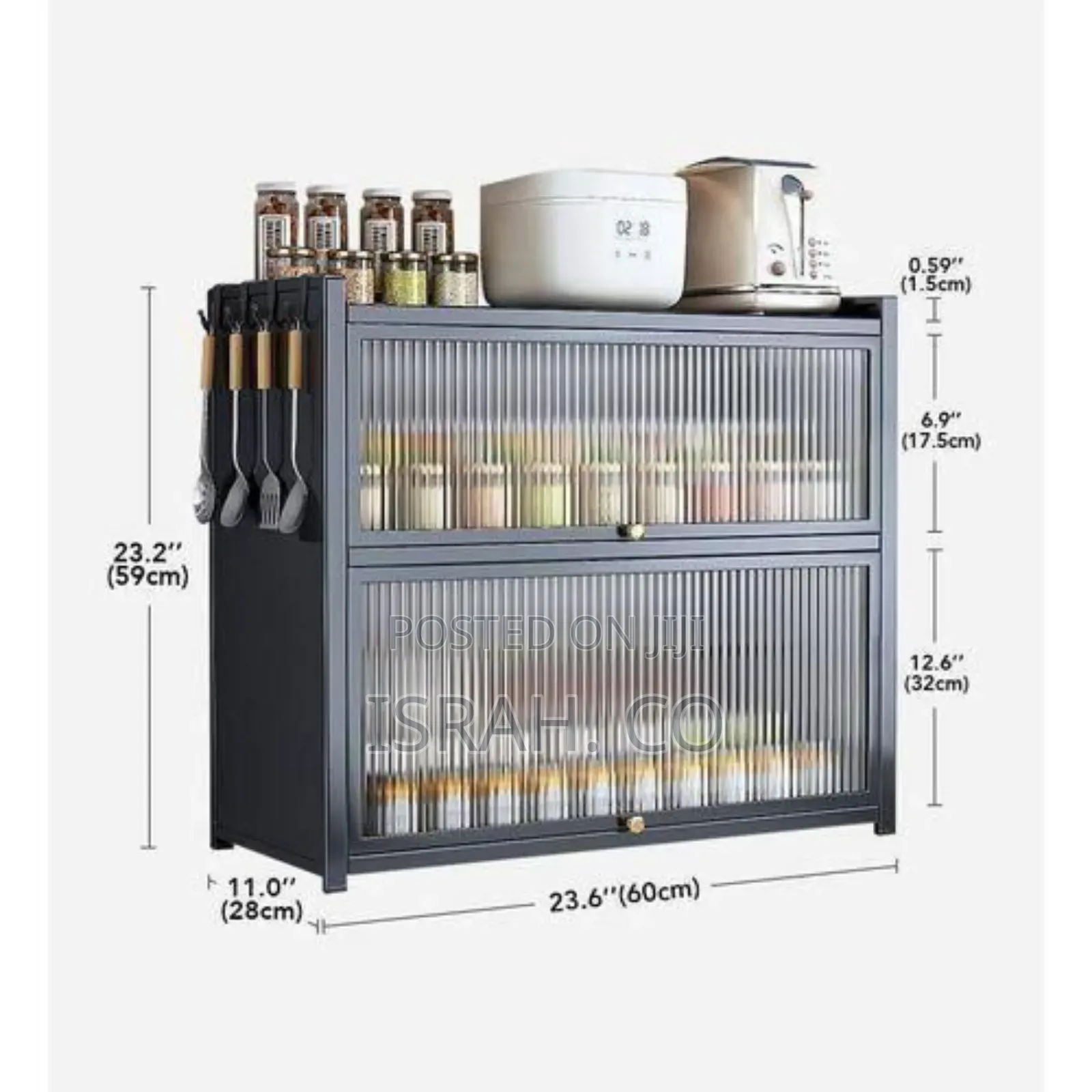 Industrial-style Two-tier Storage Cabinet With Fluted Glass Doors