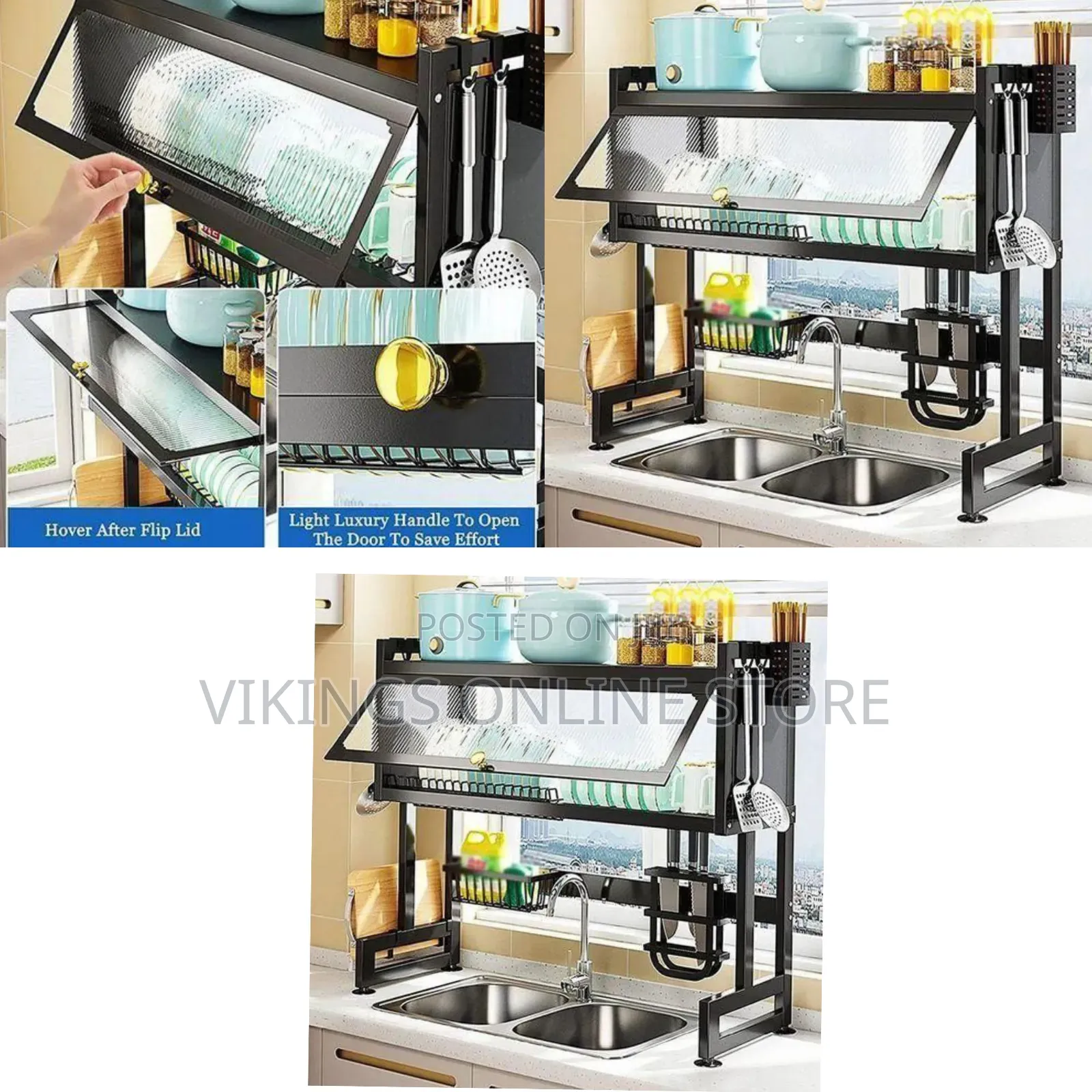 Sink Top Dish Rack With Lid to Keep Utensils Free From Dust-Black