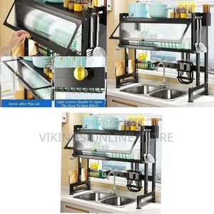 Sink Top Dish Rack With Lid to Keep Utensils Free From Dust-Black
