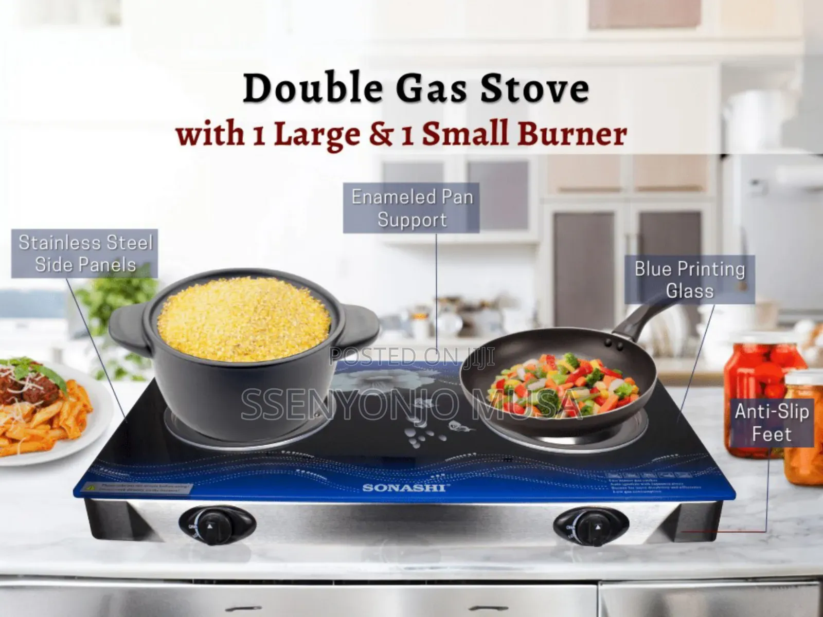 Sonashi Gas Burner /Stove -SGB-202gn Glass/Stainless Steel Double