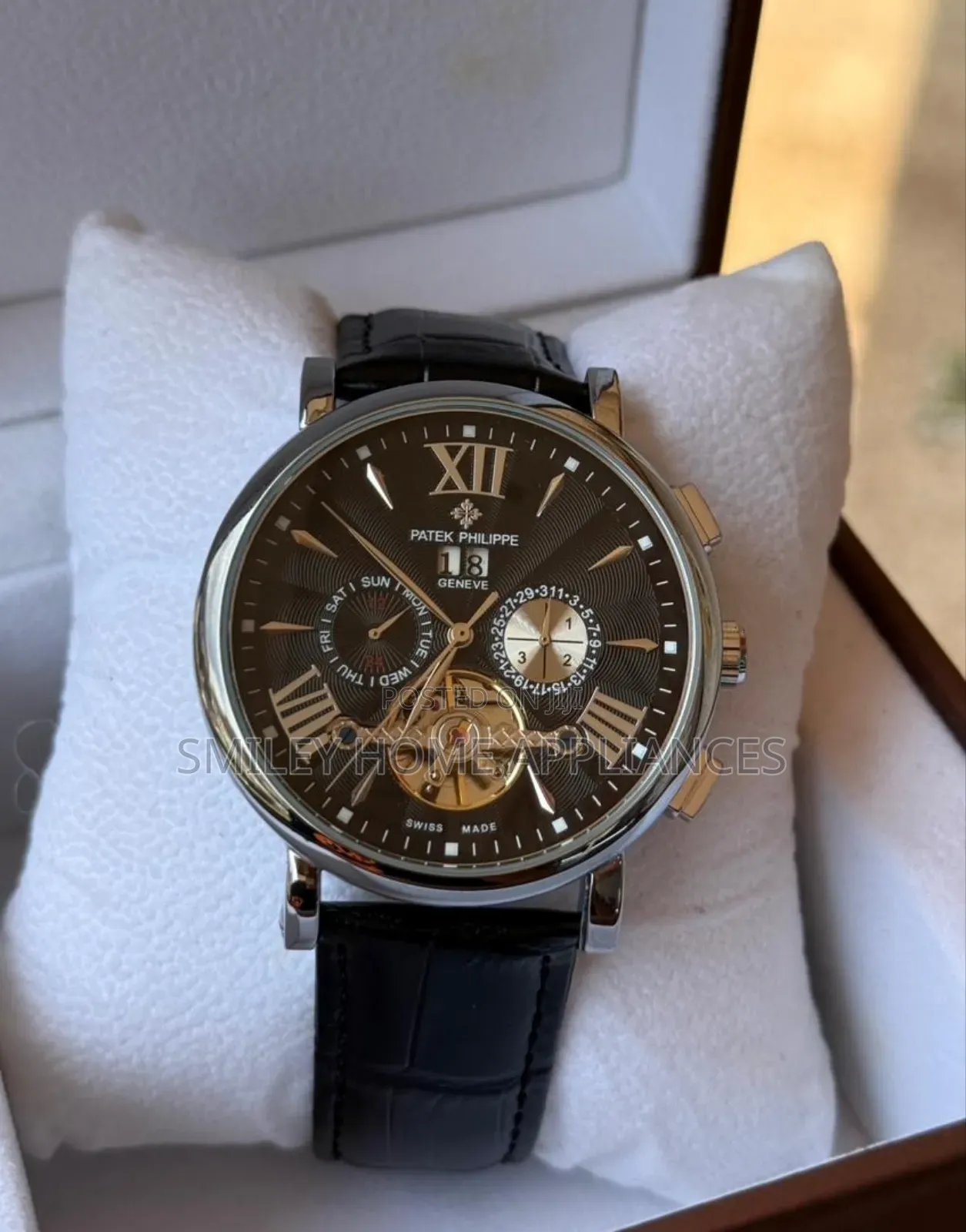 Full Black Leather Strapped Patek Phillipe Men's Original Wrist Watch