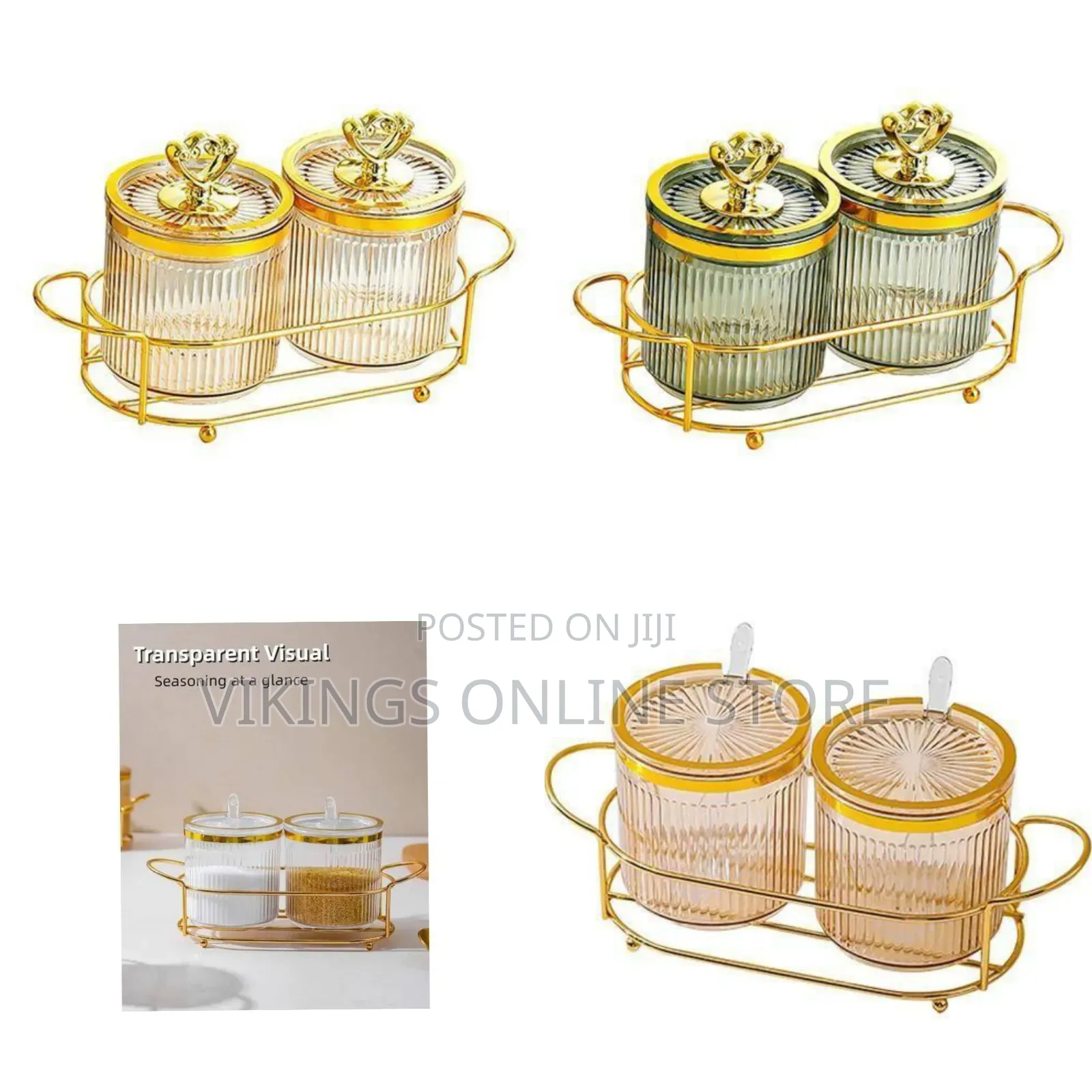 Elegant Fluted Glass Storage Jars Set With Golden Caddy - Transparent