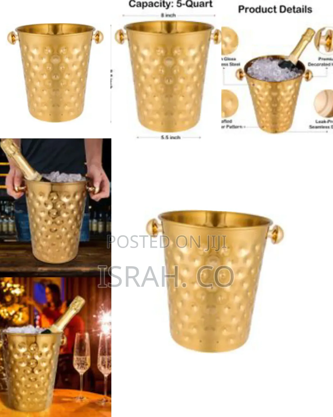 Fashionable and Creative Ice Bucket Stainless Steel Golden Hammered