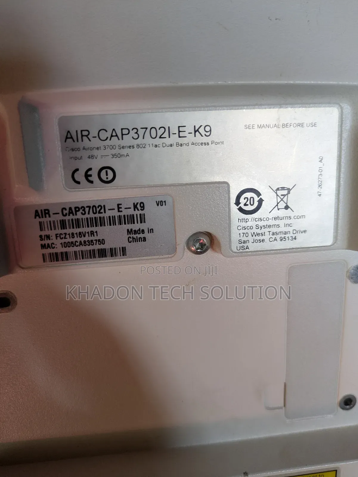 Cisco Aironet 3702i Wireless Access Point Air-Cap3702i-E- Dual Band