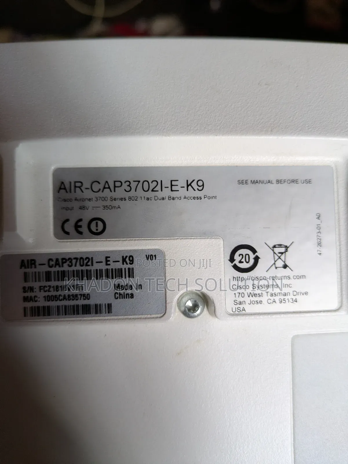 Cisco Aironet 3702i Wireless Access Point Air-Cap3702i-E- Dual Band