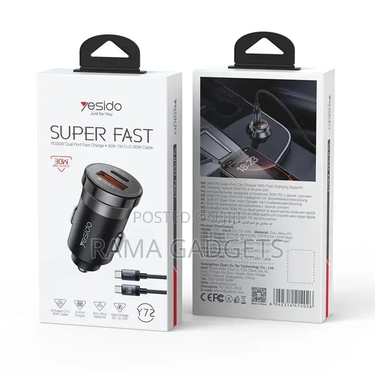 Y72 30w Fast Car Charger Dual Port Usb-a +Usb-C Type-C Totype-C Cable