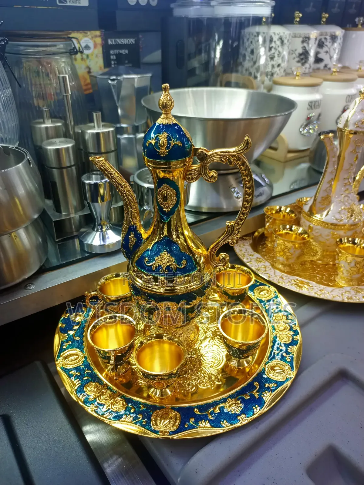 Vintage Turkish Coffee Pot Set in Blue and Gold.
