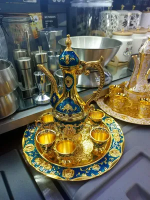 Vintage Turkish Coffee Pot Set in Blue and Gold.