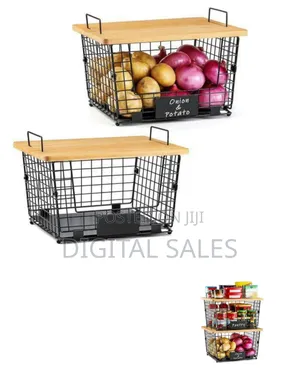 Versatile Stackable Wire Storage Baskets With Wooden Lids