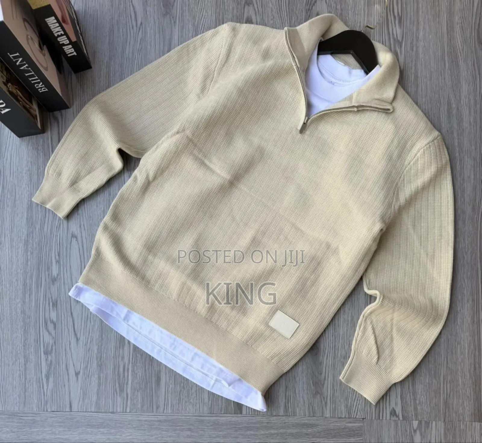 Cream Quarter-Zip Textured Knit Sweater