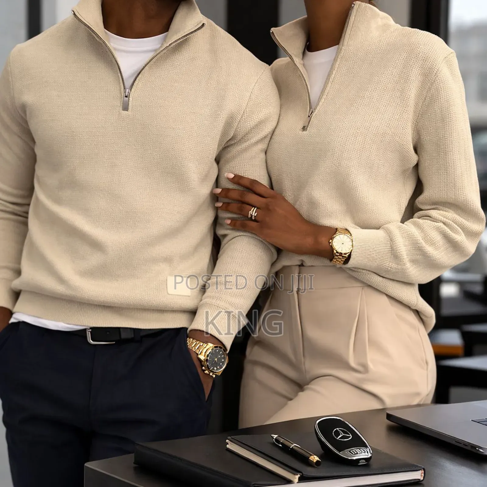 Cream Quarter-Zip Textured Knit Sweater